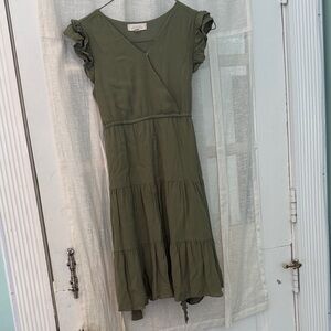 Girls Olive Green Ruffle Sleeve Dress